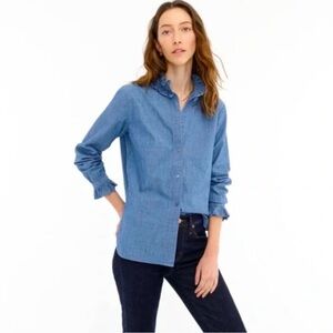 J. Crew Classic Fit Cotton Denim Chambray Ruffle Button Up Shirt 8